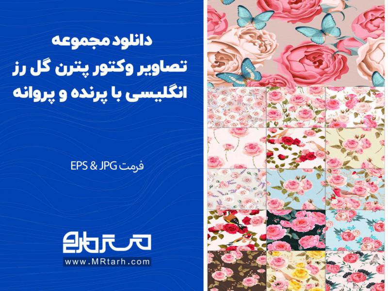 دانلود-مجموعه-تصاویر-وکتور-پترن-گل-رز-انگلیسی-با-پرنده-و-پروانه