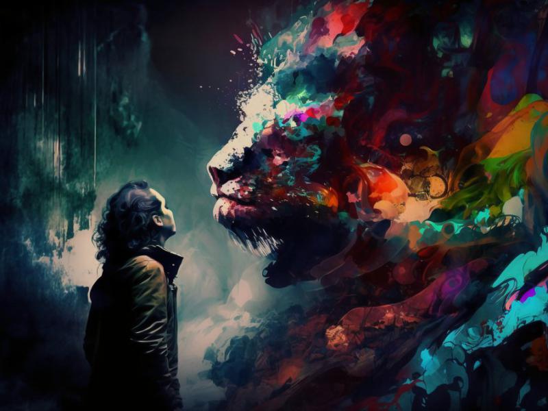 دانلود-عکس-با-کیفیت-عالی-شخص-ایستاده-روبروی-شیر