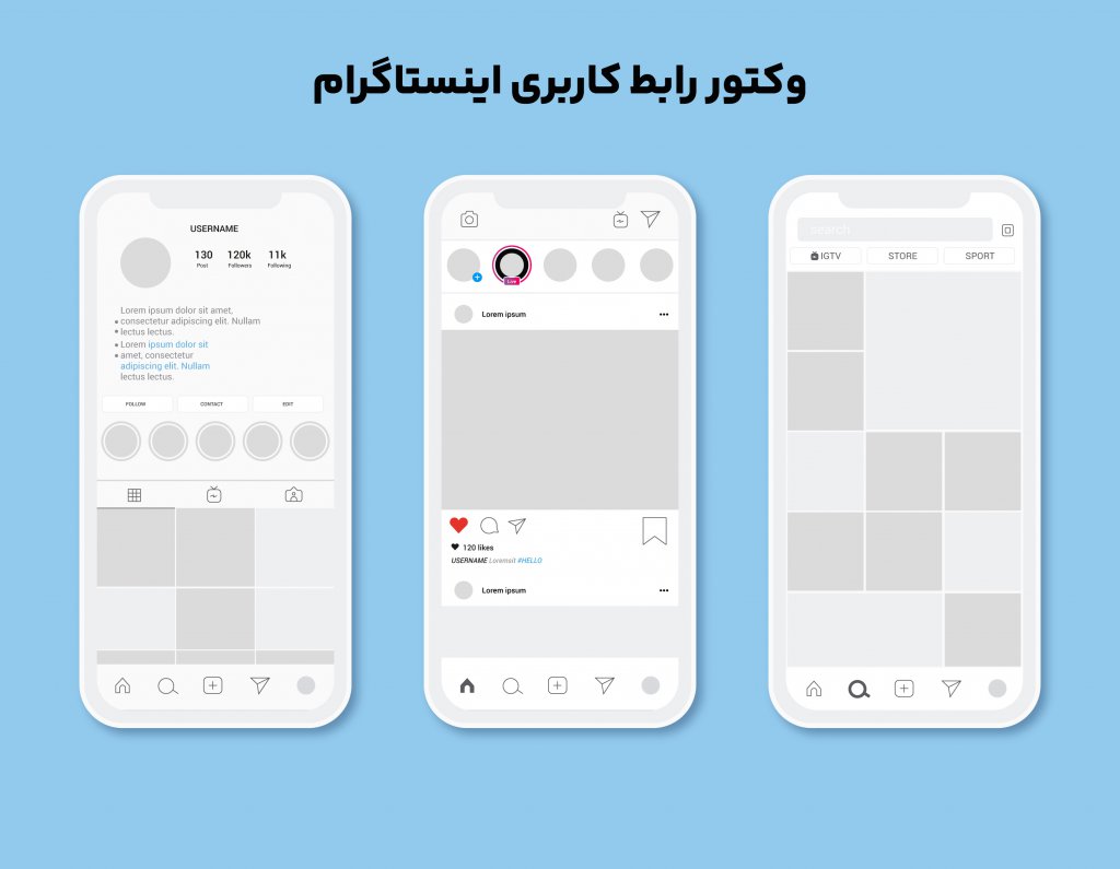 موکاپ رابط کاربری اینستاگرام (هوم پیج، فید و اکسپلور) 