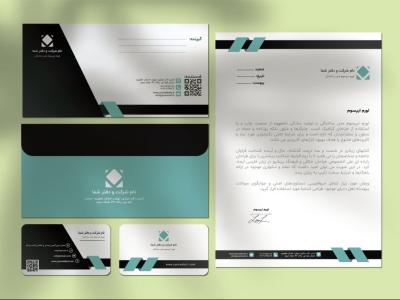دانلود طرح لایه باز ست اداری مدرن مشکی و فیروزه‌ای | کارت ویزیت، پاکت نامه، سربرگ (فرمت AI و EPS)
