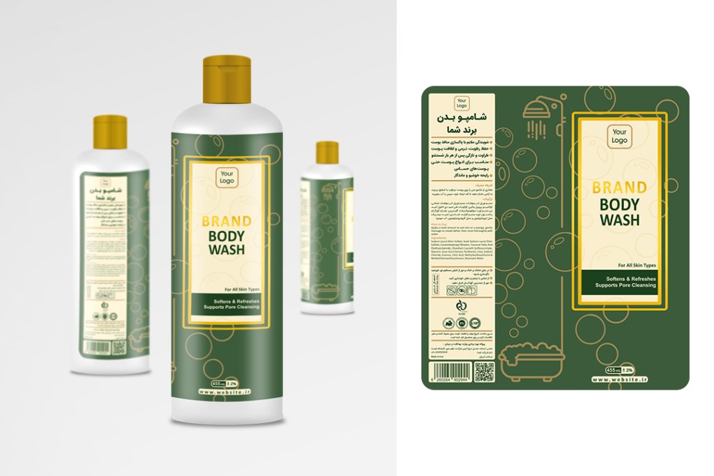 طرح لیبل بسته بندی شامپو بدن به همراه موکاپ لایه باز
