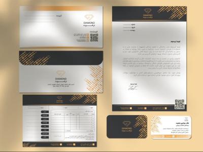دانلود طرح لایه باز ست اداری طلا و جواهر فروشی | طراحی لوکس شامل سربرگ، کارت ویزیت، فاکتور و پاکت نامه