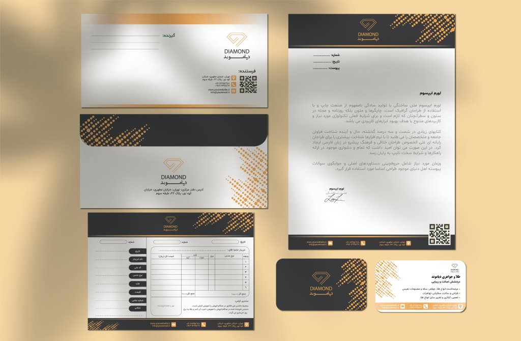 دانلود طرح لایه باز ست اداری طلا و جواهر فروشی | طراحی لوکس شامل سربرگ، کارت ویزیت، فاکتور و پاکت نامه