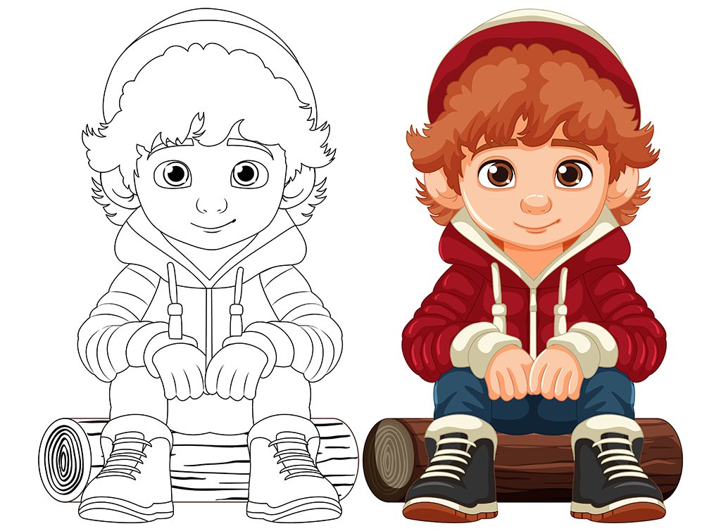 وکتور صفحه رنگ آمیزی طرح پسر بچه با لباس هودی 