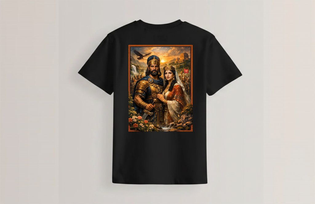 طرح تیشرت کوروش بزرگ و ملکه کاساندان
