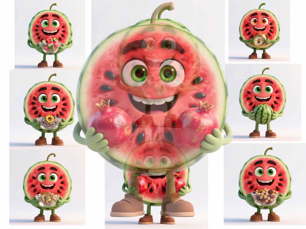 شخصیت کارتونی سه‌بعدی نیمه هندوانه، طرح شب یلدا