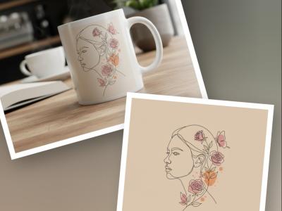 طرح لایه‌باز تک‌چهره زن (لاین‌آرت) با المان گل و پروانه - مدرن و مینیمال