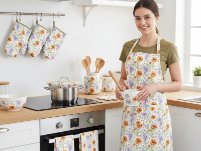 پترن گل‌دار آبرنگی به همراه موکاپ پیش‌بند و دستکش آشپزخانه