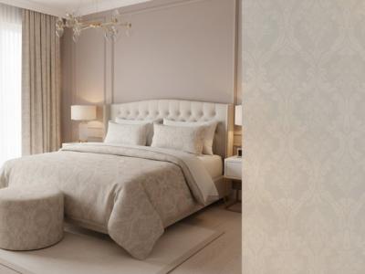موکاپ دکوراسیون اتاق خواب لوکس به همراه پترن داماسک کرم