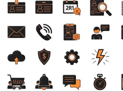 پک آیکن‌های وکتور داشبورد و مدیریت پروژه – سبک تیره با تأکید نارنجی