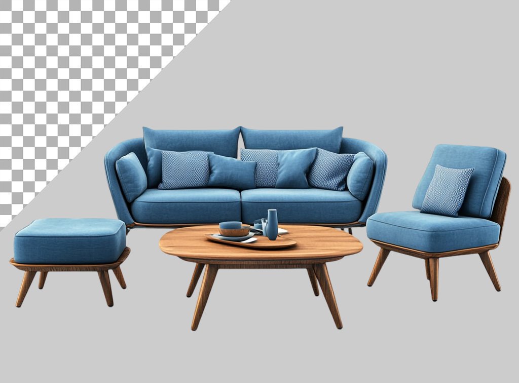 فایل لایه باز ست مبل مدرن آبی با میز قهوه خوری 