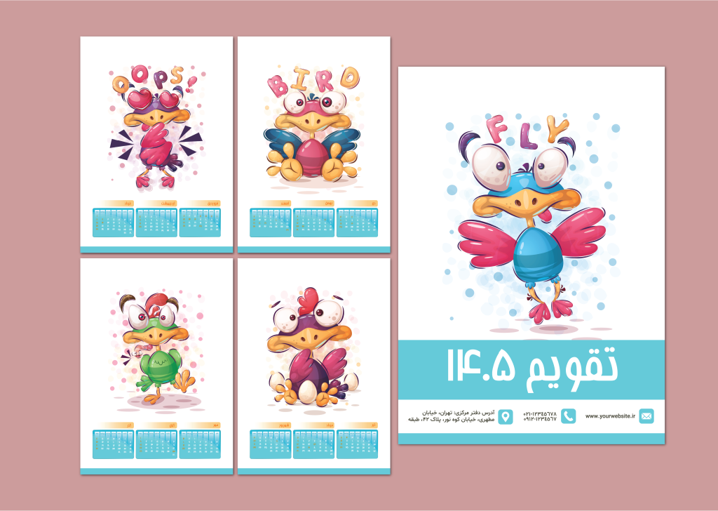 تقویم سال 1405 لایه‌باز | فرمت EPS & AI | طراحی مدرن با شخصیت‌های کارتونی | قابل استفاده دیواری و روی میز
