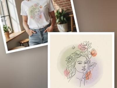 طرح لایه‌باز تصویرسازی زن و گل نیلوفر (لاین‌آرت مدرن) با پس‌زمینه آبرنگی - RGB