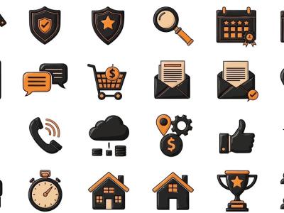 پک آیکن‌های وکتور کسب‌وکار و خدمات آنلاین – سبک سه‌بعدی کارتونی نارنجی و مشکی