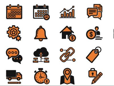 پک آیکن‌های وکتور رابط کاربری کسب‌وکار و مدیریت – سبک خطی ضخیم نارنجی